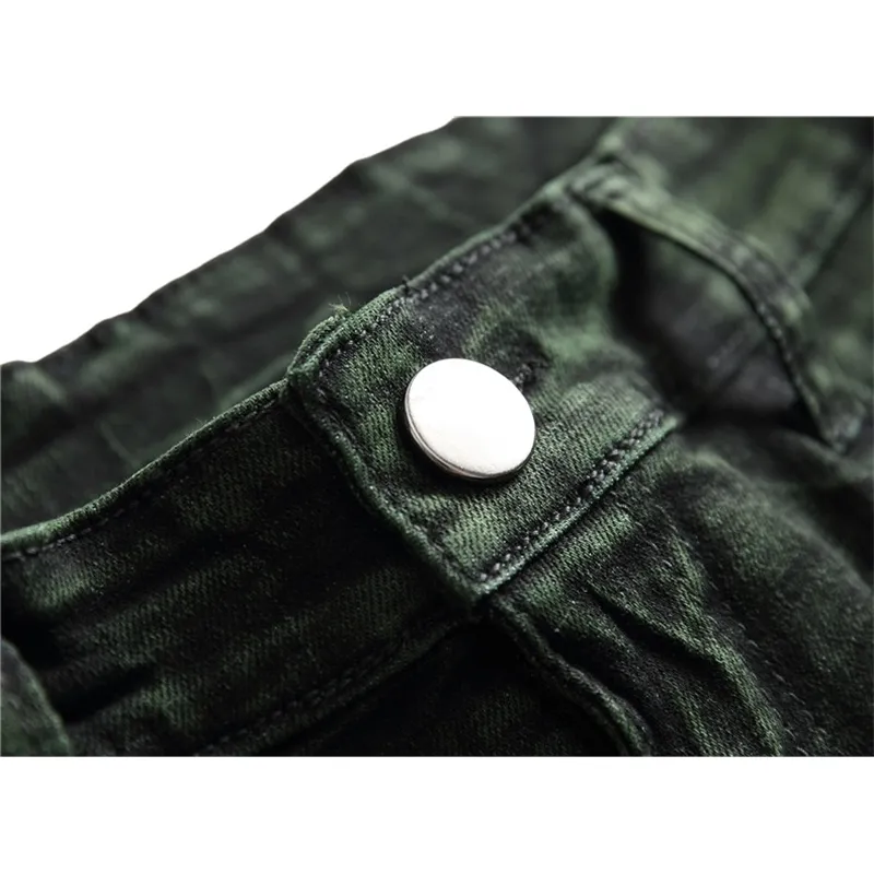 Men's Green Hip Hop Biker Jeans Destroyed Fry Snowflakes Slim Fit Denim Pants Elastic Streetwear,6671