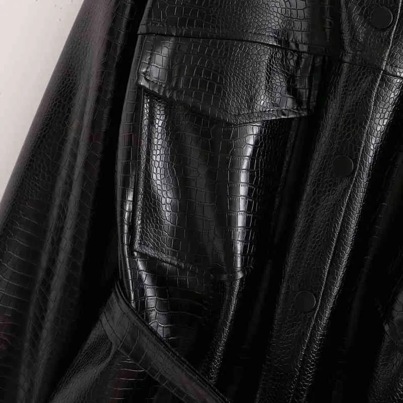 Cool vrouw zwart losse sjerpen jassen lente mode dames oversized lederen jassen vrouwelijke casual uitloper 210515