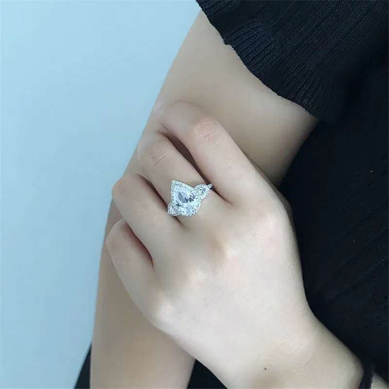 925 Sterling Women Engagement Pear Cut Halo Ringen Gesimuleerde Diamond Wedding Silver Bridal Ring Party Sieraden