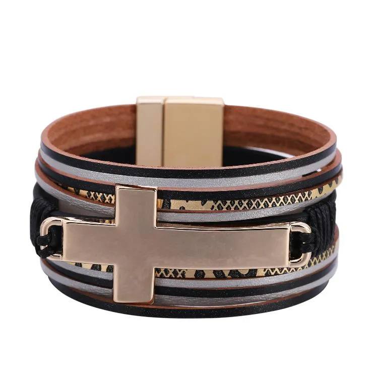 Bangle Ethnic Style Couple Jewelry Genuine Leather Wide-sided Cuffs Women's Bracelet Cross Magnetic Buckle Charm Female2559