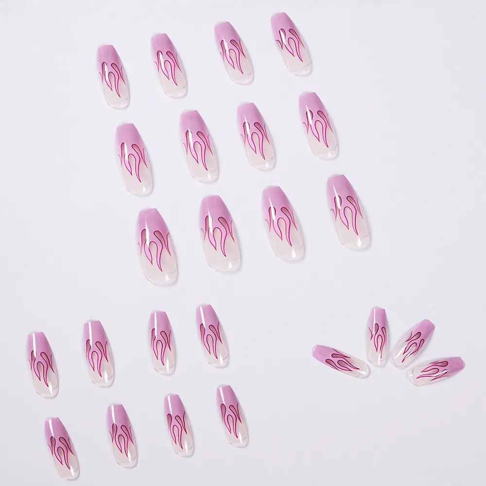box charmig rosa flamma kort balett bärbara falska naglar tryck på fyrkantigt huvud fullt täcke avtagbara färdiga naglar1709030