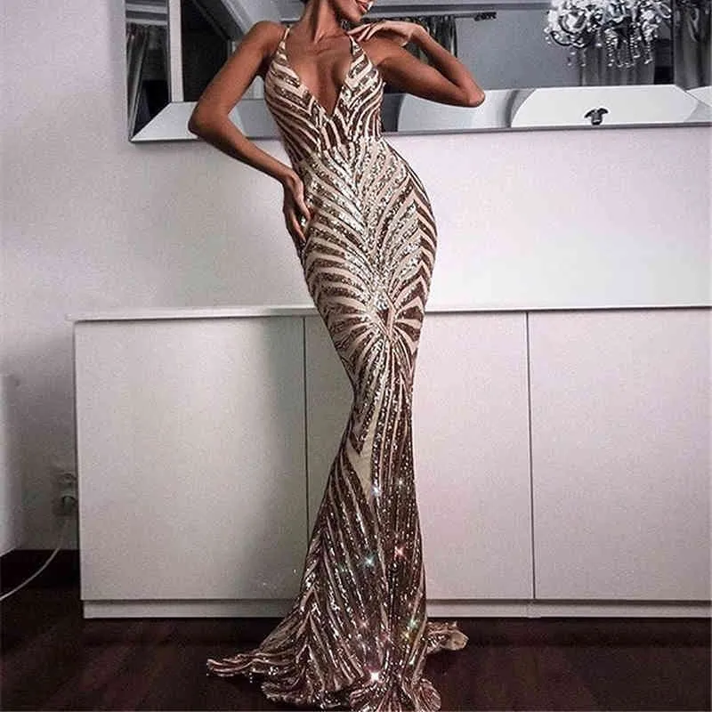 Paris Girl Elegant Deep V Neck Party Dresses Gold Sequined Maxi Dresses Backless Bodycon Evening Club Mermaid Dress X0521