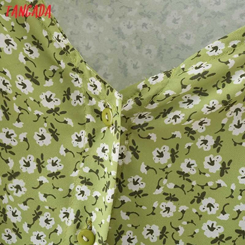 Tangada Summer Women Green Flowers Stampa abito da spiaggia con scollo a V manica corta da donna Mini abito Vestidos 5X13 210609