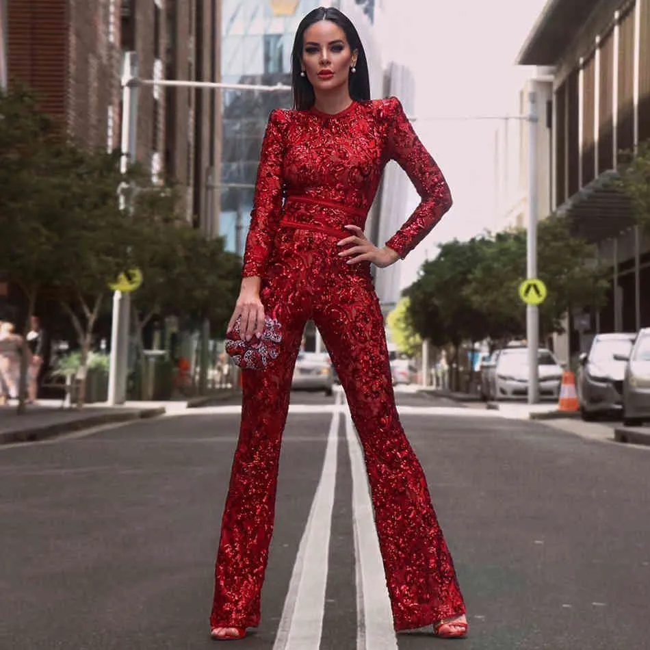 Spring Women Red Sequins Bandage Jumpsuits Sexy O Neck Long Sleeve& Full Pants Club Party Casual Rompers 210423