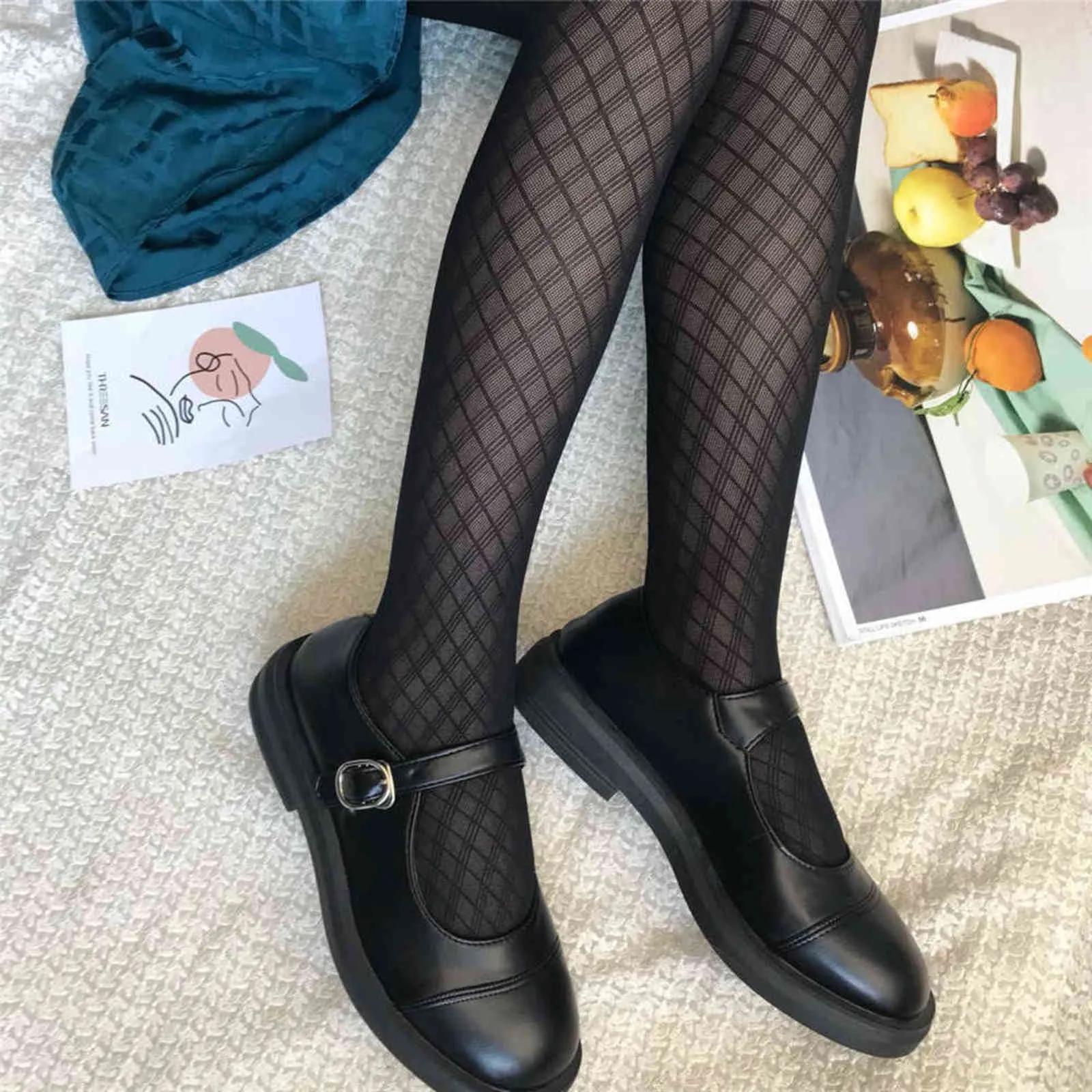 Sexiga kvinnor tights plaid svart strumpor mode tunn pantyhose kvinnlig elastisk collant nylon silke strumpor klänning y1130