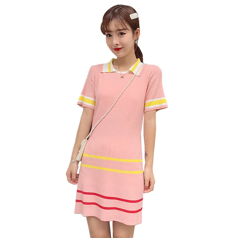 Summer Slim Tempérament Style coréen Tricoté Robe rose Femme Genou-Longueur Bureau Lady Sans manches 210416