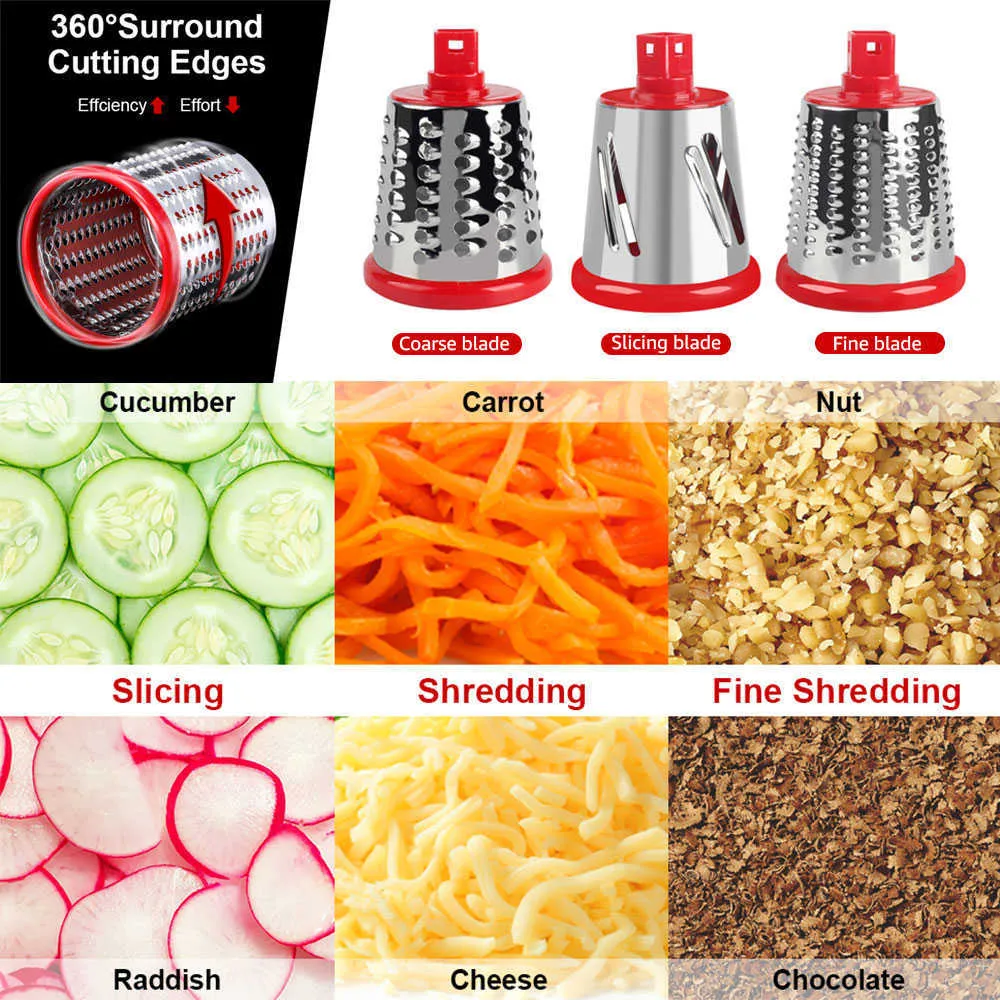 Manual Vegetable Cutter 3 Drum Blades Rotary Cheese Grater Shredder Mandoline Spiralizer Kitchen Accessories Vegetable Slicer 211008