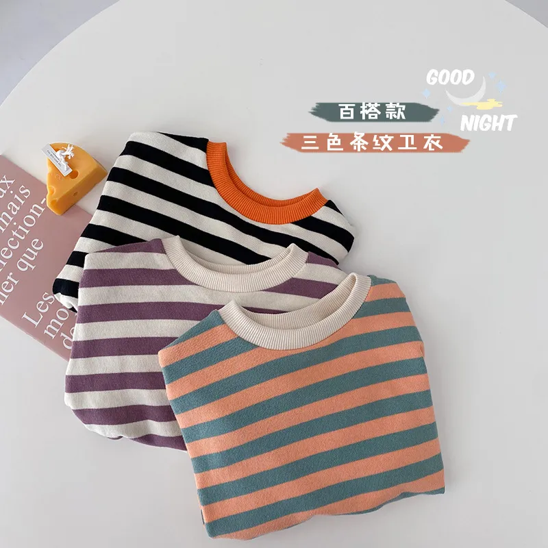 Autumn baby girls long sleeve loose striped sweatshirts Kids cotton all-match Tops 210508