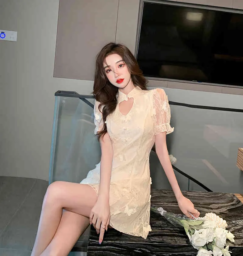 Estate elegante retrò cheongsam versione migliorata vestito moda pizzo manica corta slim mini partito abiti da stiro Vestidos 210518