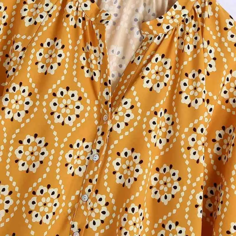夏の女性の花の印刷サイドスリット黄色のミディシャツのドレス女性のランタンスリーブ服カジュアルな女性ルーズヴェステドD7678 210430