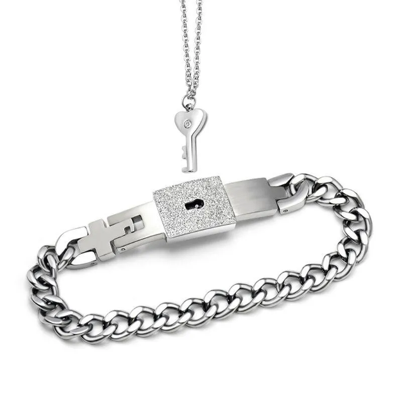 Charm Bracelets Titanium Puzzle Couple Heart Lock Key Bracelet Necklace Lover Jewelry Set200Q