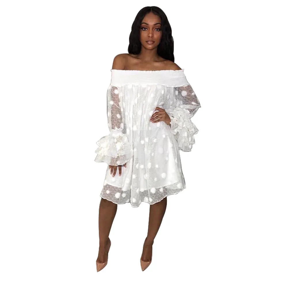 Women White Dress Off Shoulder Lace Tulle Sleeve See Through Loose Big Polka Dot Holiday Beachwear Vacation Backless Summer Wear 210416
