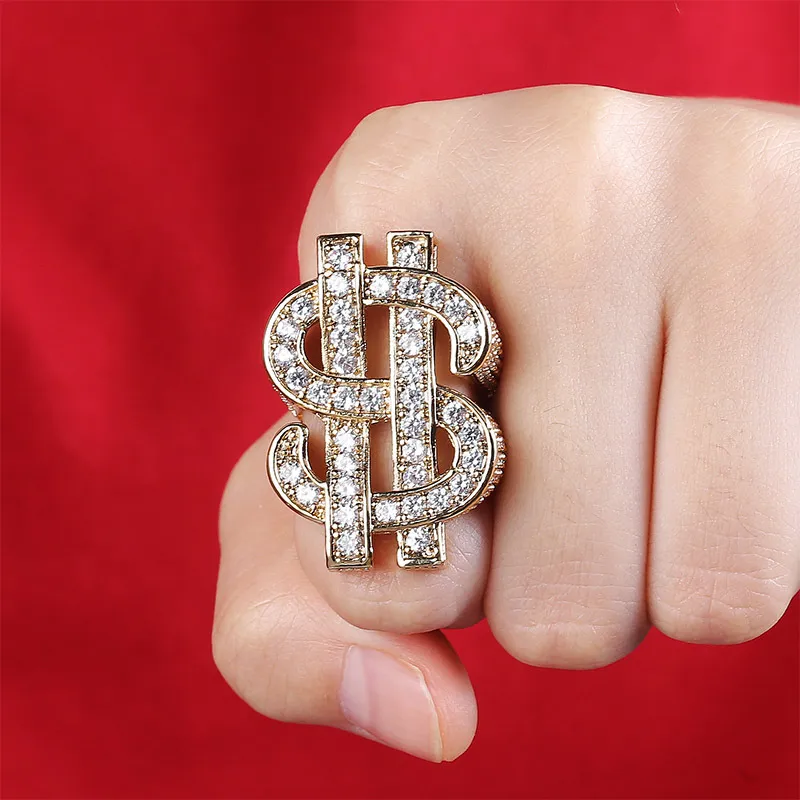 Мужское хип -хоп кольцо ювелирных украшений в долларах gemstone Zircon Fashion Big Gold Rings4372829