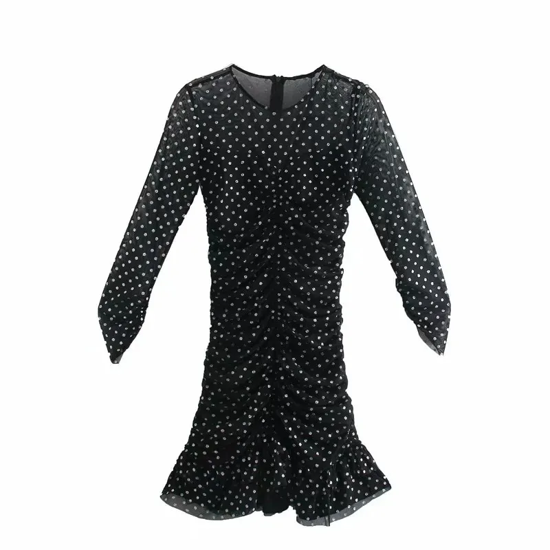 Black Dot Mesh Tulle Mini Robe Femmes Hiver Ruché Volant À Manches Longues Sexy Party ES Dames Vintage 210519