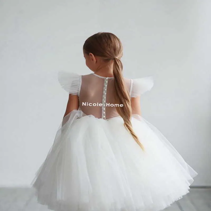 Zomer meisjes feestjurk mouwloze transparante rug piano tonen witte pluizige bloem meisje jurken voor bruiloften E1007 210610