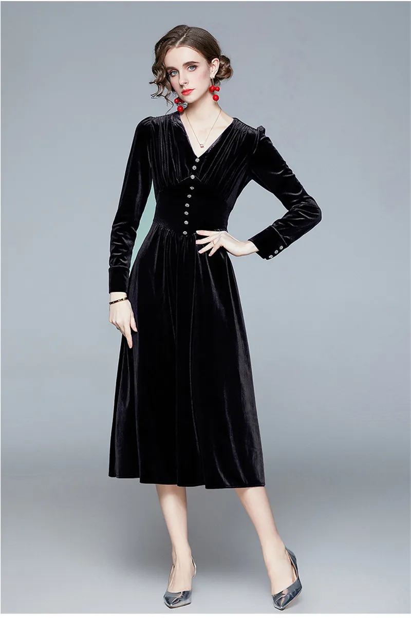 Outono inverno escritório senhora veludo mangas compridas vestido mulheres vintage uma linha casual vestidos elegent partido vestidos 210520