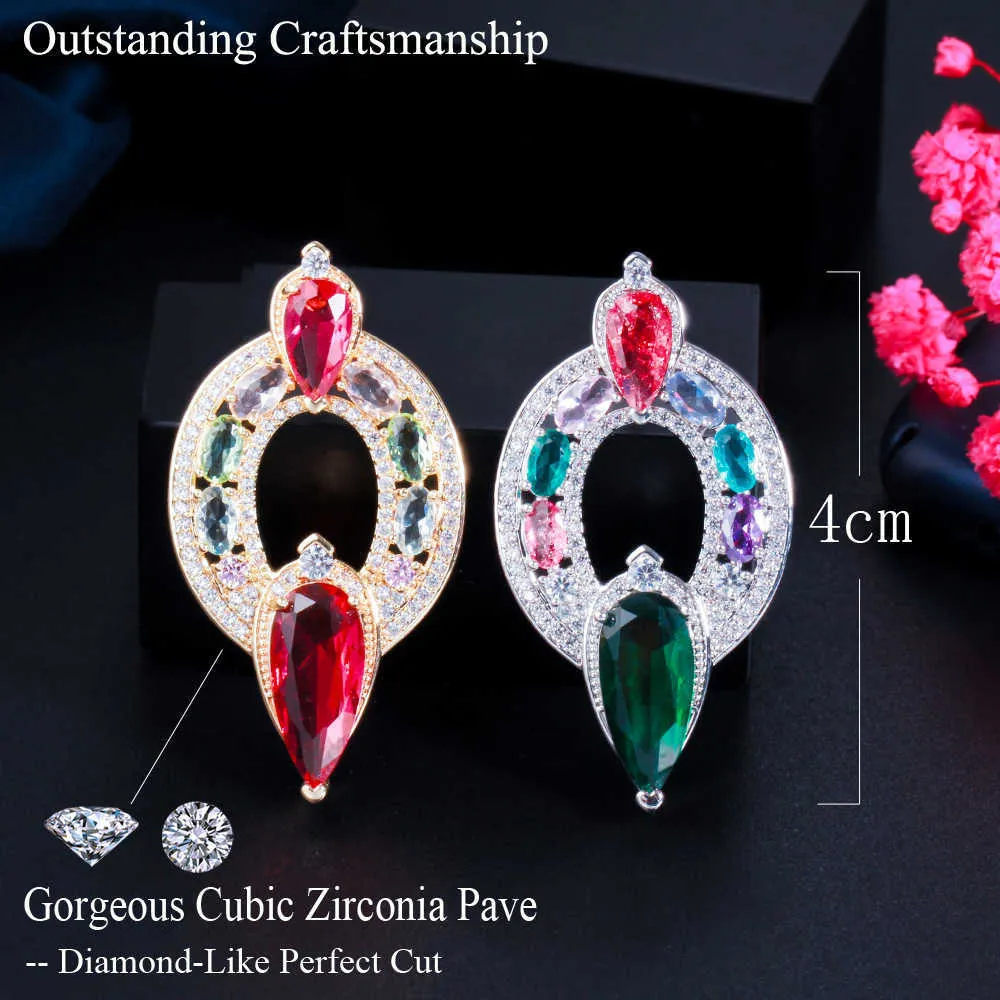 Shiny Green Cubic Zirconia Big Water Drop Pageant Engagement Earring for Women Elegant Brazilian Gold Jewelry CZ855 210714
