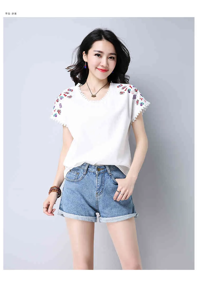 Summer Women Blouse Shirt Fashion Casual O-Neck Female Ladies Toppar Blombroderi Solid Kläder 0284 40 210506