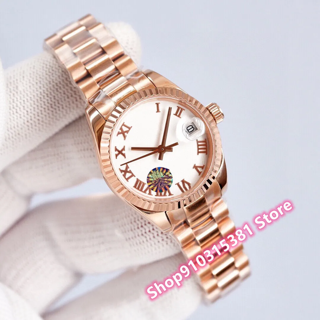 28mm High quality Rose Gold Stainless Steel Rome Number watches Women Automatic Mechanical geometric Watches Female clock