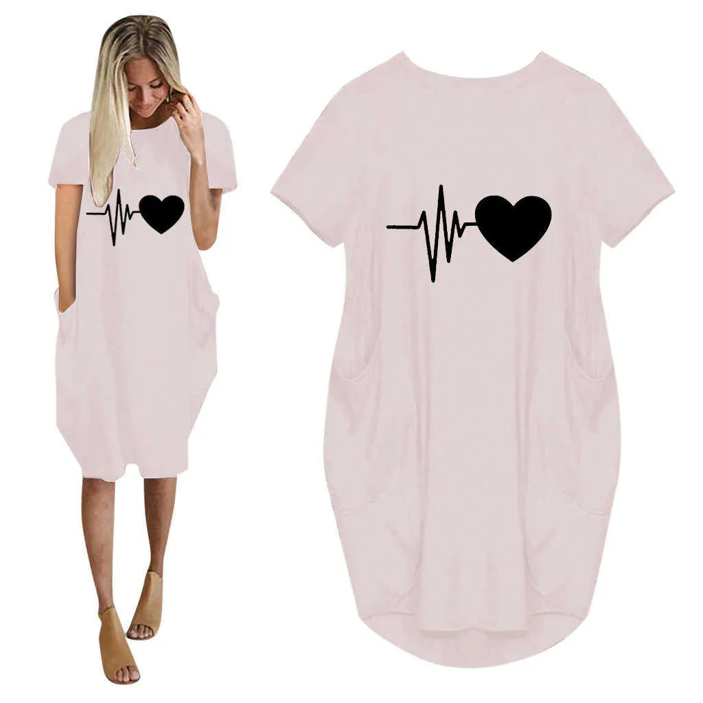 Vestido suelto informal para mujer con bolsillos, moda, cuello redondo, manga corta, estampado de amor, Tops largos, camiseta femenina de calle de talla grande 5XL 210623