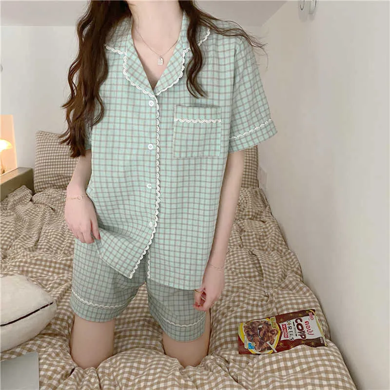 Lato Retro Koronki Słodkie Piżamy Krótka Nightwear Soft Plaid Pleaswear Kobiety Home Chic Loose Vintage Zestawy 210525