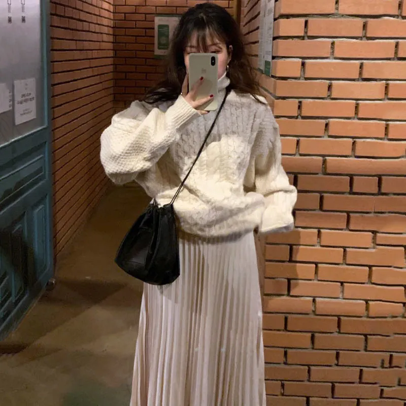 Kimutomo 2 sztuka zestaw Kobiety Koreański Ins Ins Styl Vintage Turtleneck Gruby Konopie Wzór Sweter i Stretch Wysoka talia Plisowana spódnica 210521