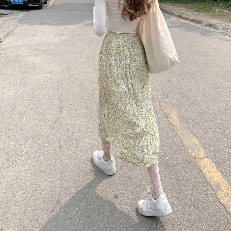 Faldas largas de gasa de impresión floral de la vendimia para las mujeres elástica de alta cintura coreana de la primavera falda de verano 210529