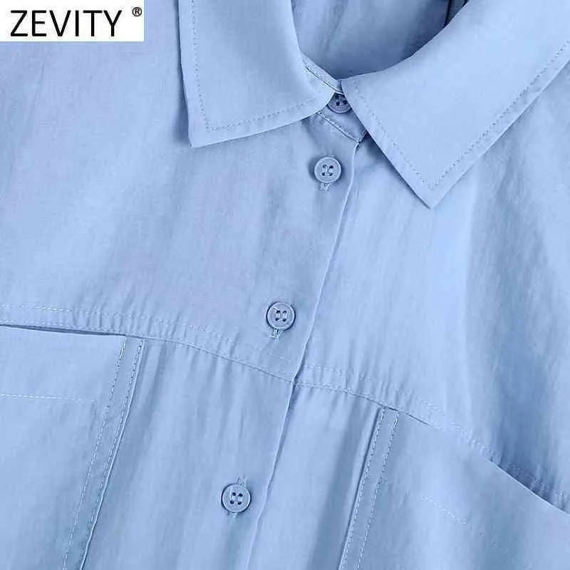 Zevity女性のファッションポケットのパッチ固体色のカジュアルスリムシャツのドレスオフィスの女性の弾性ウエストブレストビジネスvestido ds8324 210419