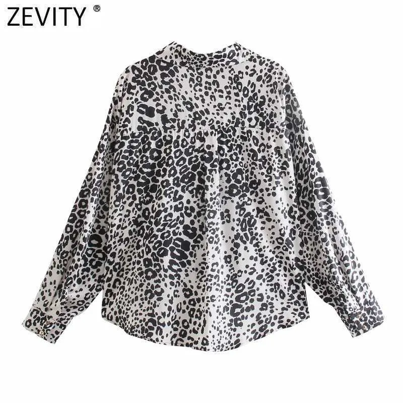 Zevity Women Vintage Leopard Drukuj Hem Wbił Luźne Bluzka Smock Kobiet Z Długim Rękawem Kimono Koszulki Chic Blusas Topy LS9310 210603
