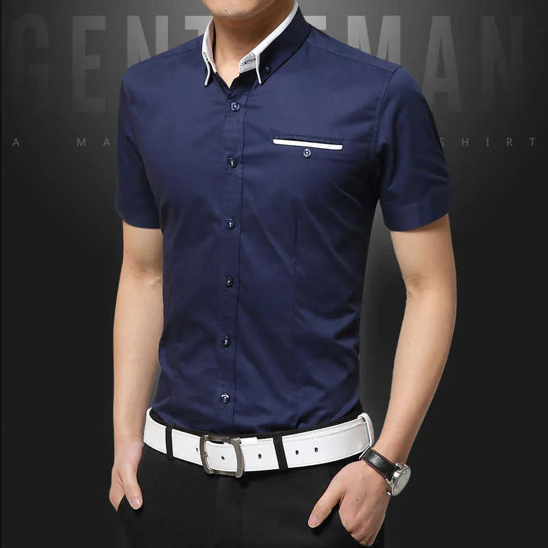 Mens Short Sleeve Shirts Slim Fit Formal Male White Naby Blue Grey Business Social Dress Summer Men's Clothing 210809