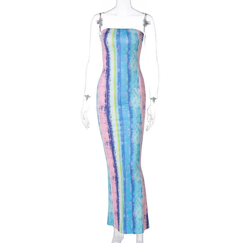 Sexy senza spalline Skinny Long Dress Donne Estate Tie Dye Stampa senza maniche Bandage fianchi club Party Slim matita femmina 210526