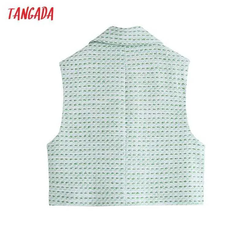 Tangada Femmes Mode Vert Tweed Recadrée Gilet Manteau Vintage Sans Manches Poches Femme Gilet Chic Tops BE789 210609