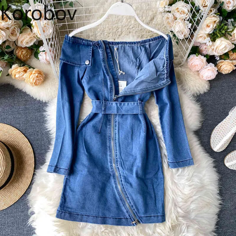 Korobov Denim Elbise Kore Slash Boyun Kapalı Omuz Streetwear Elbiseler Yaz Uzun Kollu Bağcık Yüksek Bel Fermuar Vestidos 210430