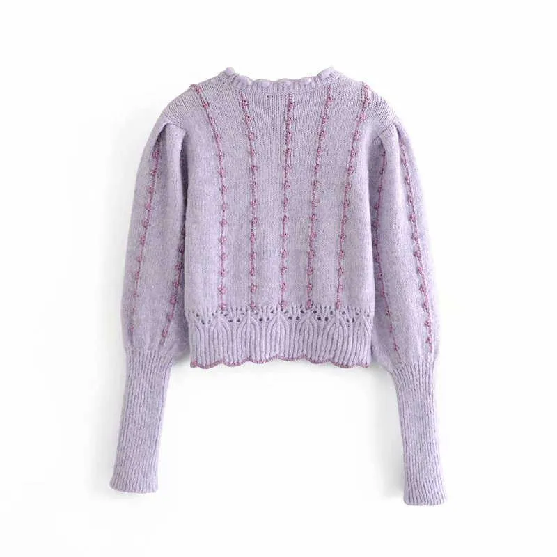 Za hiver fil métallique tricot pull femmes à manches longues col haut Vintage violet chandails femme Streetwear mince pull 210602