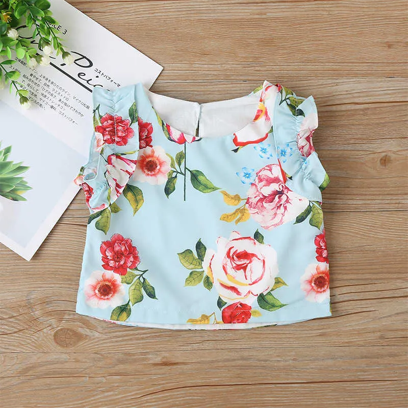 Sommer Kinder Sets Casual Mädchen Ärmellose O Neck Print Floral Tops Kurzen Rock Nette Kleidung 9M-4T 210629