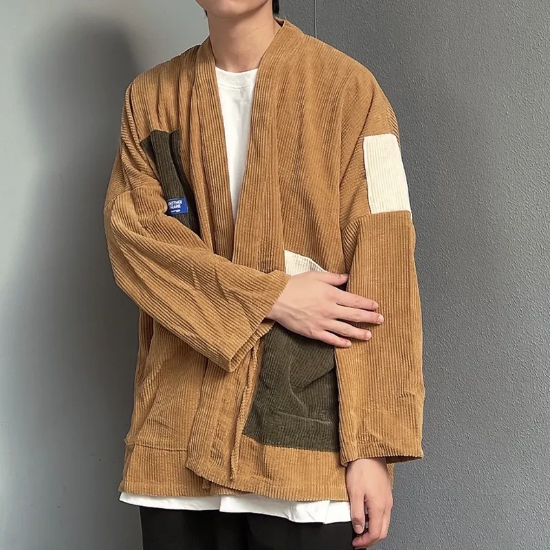 Japan Style Men Corduroy Kimono Jacket Color-blocking Patched Design Drop Shoulder Haori Oversize Loose Thin Coat 220212