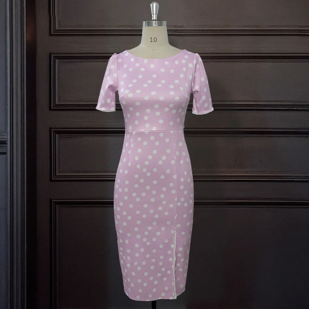 Женщины в горошек Parted Pink Sweet Bodycon платье с коротким рукавом с кружевной лоскутной молнией MIDI длиной элегантный офис одежды платья 210416