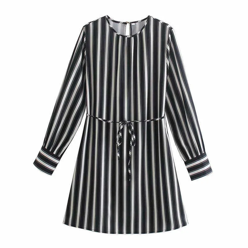 Streetwear Women Black and White Striped Dress Moda Damska O-Neck Eleganckie Kobiece Chic Sashes Koszula-ES 210527