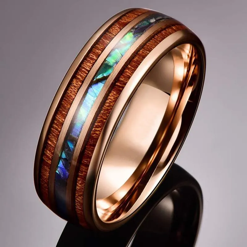 Wedding Rings Fashion 8mm Rose Gold Tungsten Carbide Hawaiian Koa Wood And Abalone Shell Opal Inlay Ring Band Men's Jewelry258j