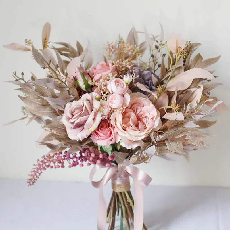 Fleurs de mariage HIMSTORY Vintage artificiel poussiéreux rose Bouquets pivoines romantiques mariée à la main en soie Rose mariées main tenant Flor211o