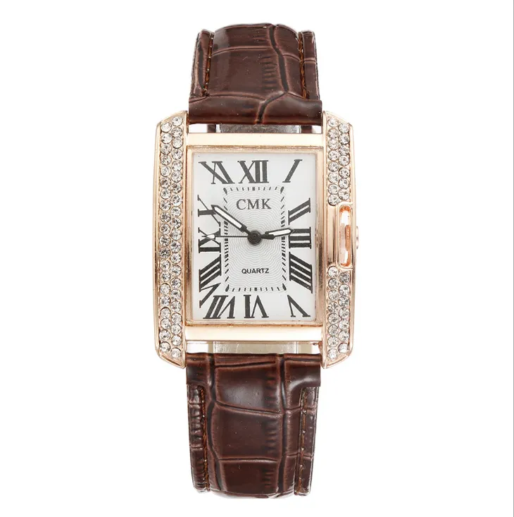 Whole Dazzling Square Dial Temperament Atmosphere Womens Watches Roman Number Diamond Bezel Quartz Female Watch Leather Strap 273o