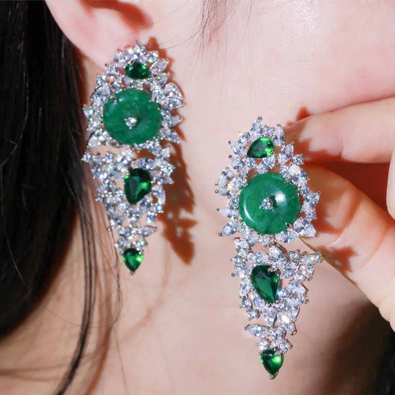 Elegant Green Cubic Zirconia Stone Long Big Earrings for Wedding Dancing Party Costume Jewelry Accessories Gift CZ770 2107145705815