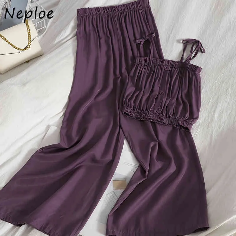 Neploe Sexy Summer Holiday Femmes Ensemble Sans Manches Camis Drapé + Taille Haute Hanche Large Jambe Pantalon Costume Simple Multicolore Lâche 210423