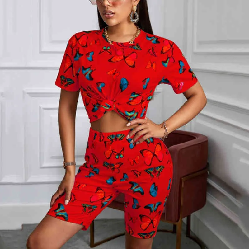 OMSJ Butterfly Printed Set Outfits Short Sleeve Round Collar T-shirt And Shorts Casual Fashion Lady Suits S-XXL 210517