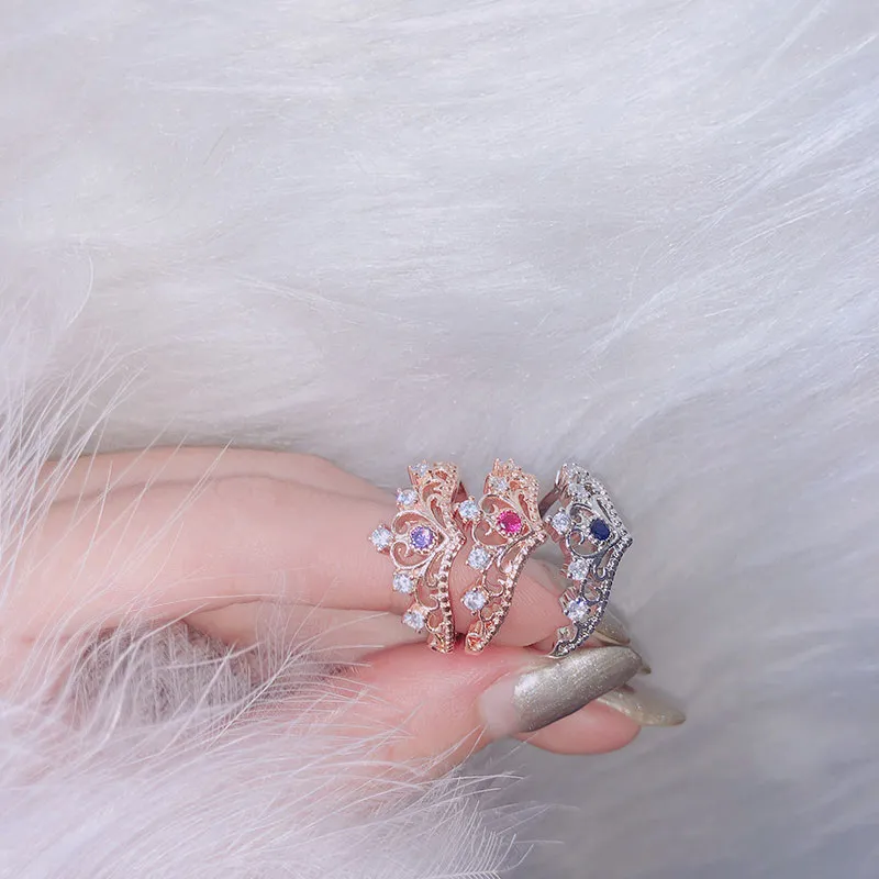 Anneaux pour femmes luxe évider princesse couronne bleu violet rouge Zircon or Rose argent couleur bijoux de mode KBR212