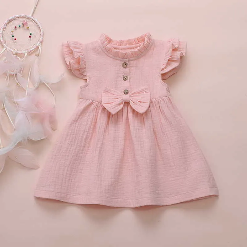 Hurtownie Summer Baby Girl Dress Bawełna Solid Colors Bow Flare Rękawy1st Urodziny Dzieci Ubrania E185 210610