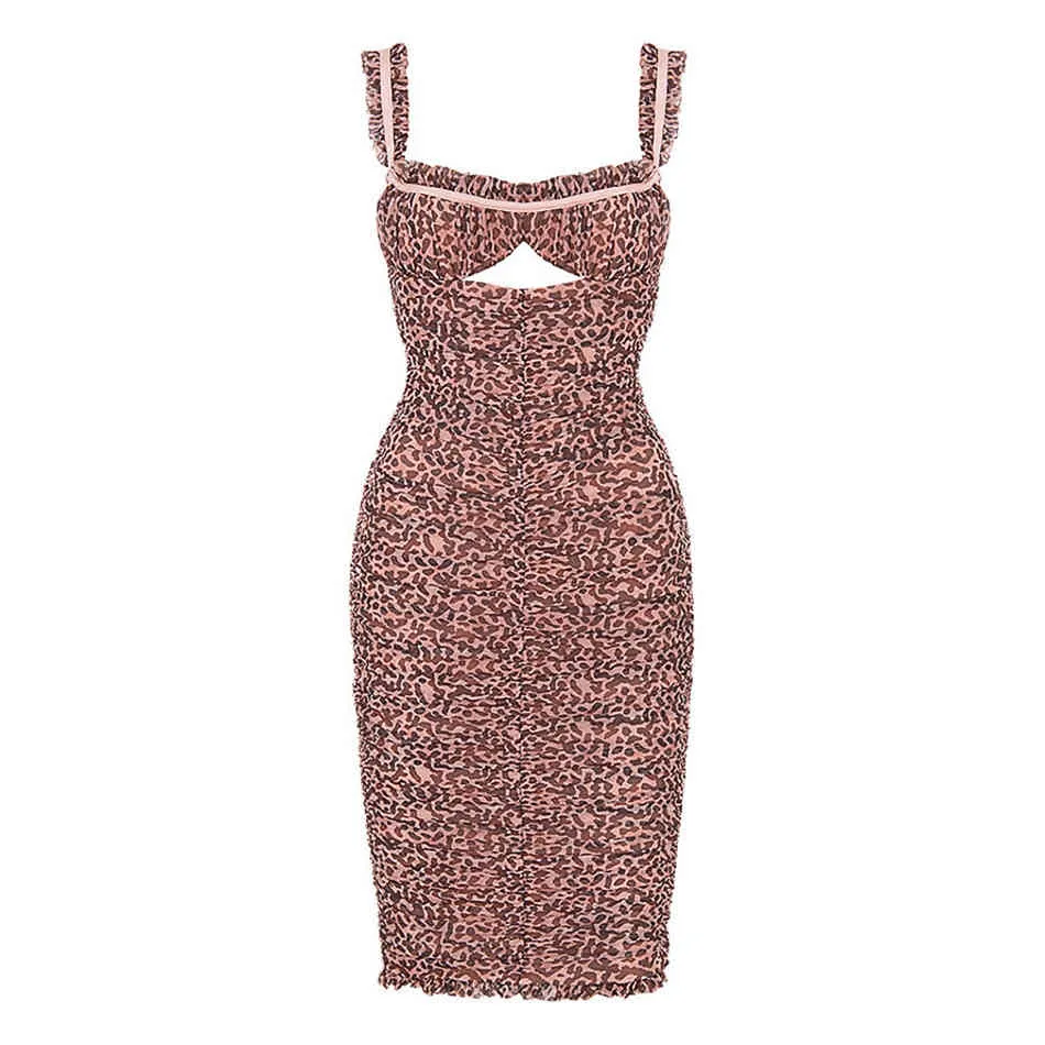 Gratuit Sexy rose imprimé léopard robe de pansement femmes fronde sans manches creux moulante drapé Club fête Vestido 210524