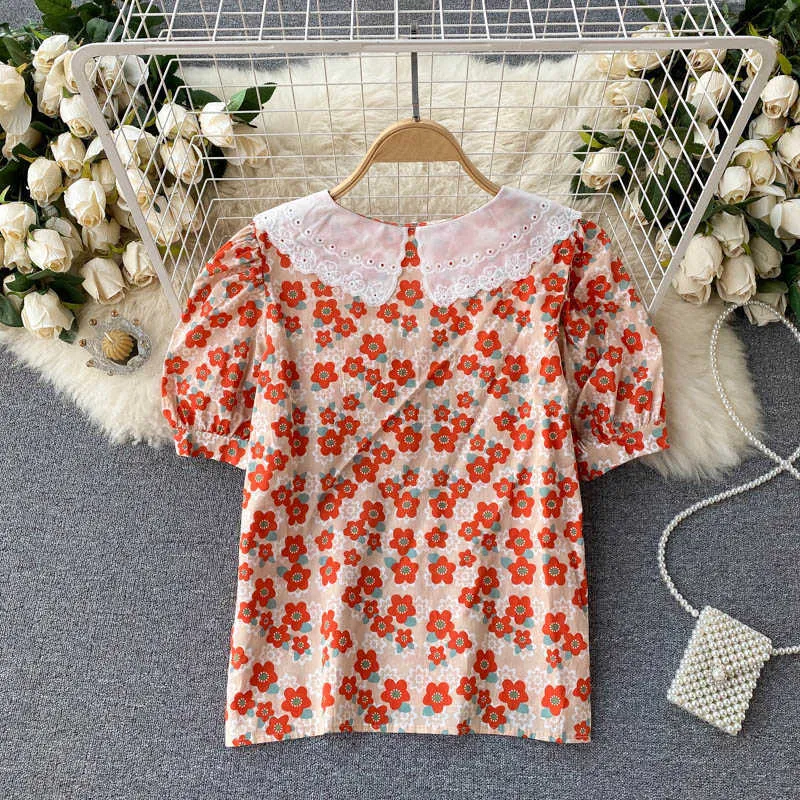 Koreanische Frauen Mode Stickerei Aushöhlen Baby Kragen Kontrast Nähte Süße Blumen Druck Tops Camisas Mujer Bluse S157 210527
