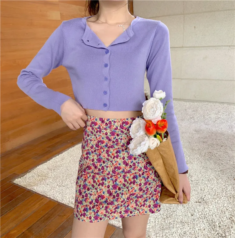 Frauen Koreanischen Stil Kurze Strickpullover Strickjacken Oneck Button Up Dünne Strickjacke Solide Crop Top Ropa Mujer 210430
