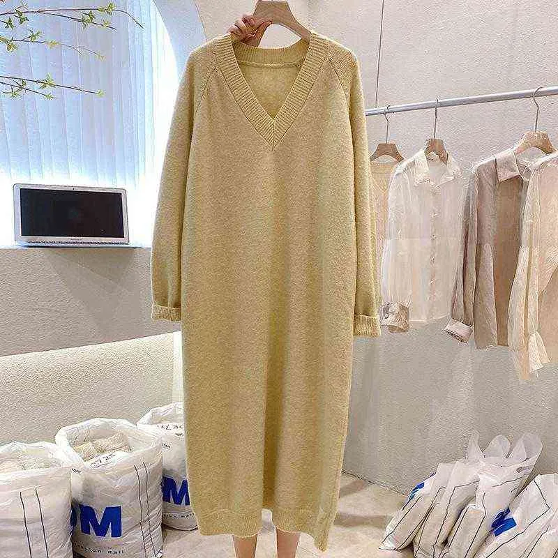 Плюс размер платья свитера для женщин осень зима 2021 мода v шеи повседневное свободно вязаное платье женское vestidos pullover платье g1214